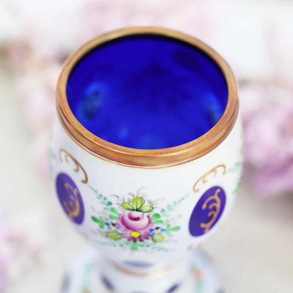 新品　ボヘミアガラス 青色 花柄の花瓶　チェコスロバキア製 Amazon.co.jp: ボヘミアングラス ボヘミアガラス 青色花柄 花瓶