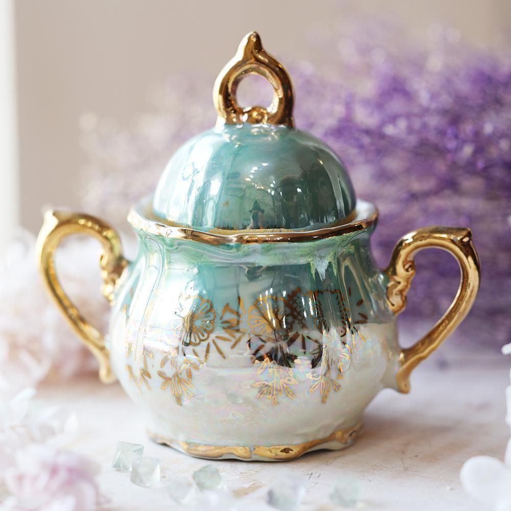 レトロ金彩グリーンシュガーポット - 海福雑貨通販部