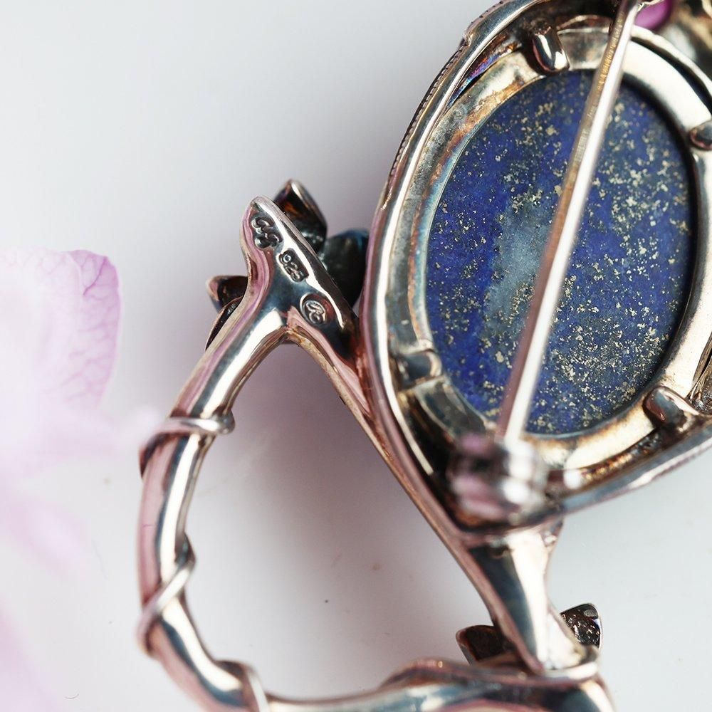 フクロウの銀製ブローチ（ラピスラズリ・ルビー）- 海福雑貨通販部