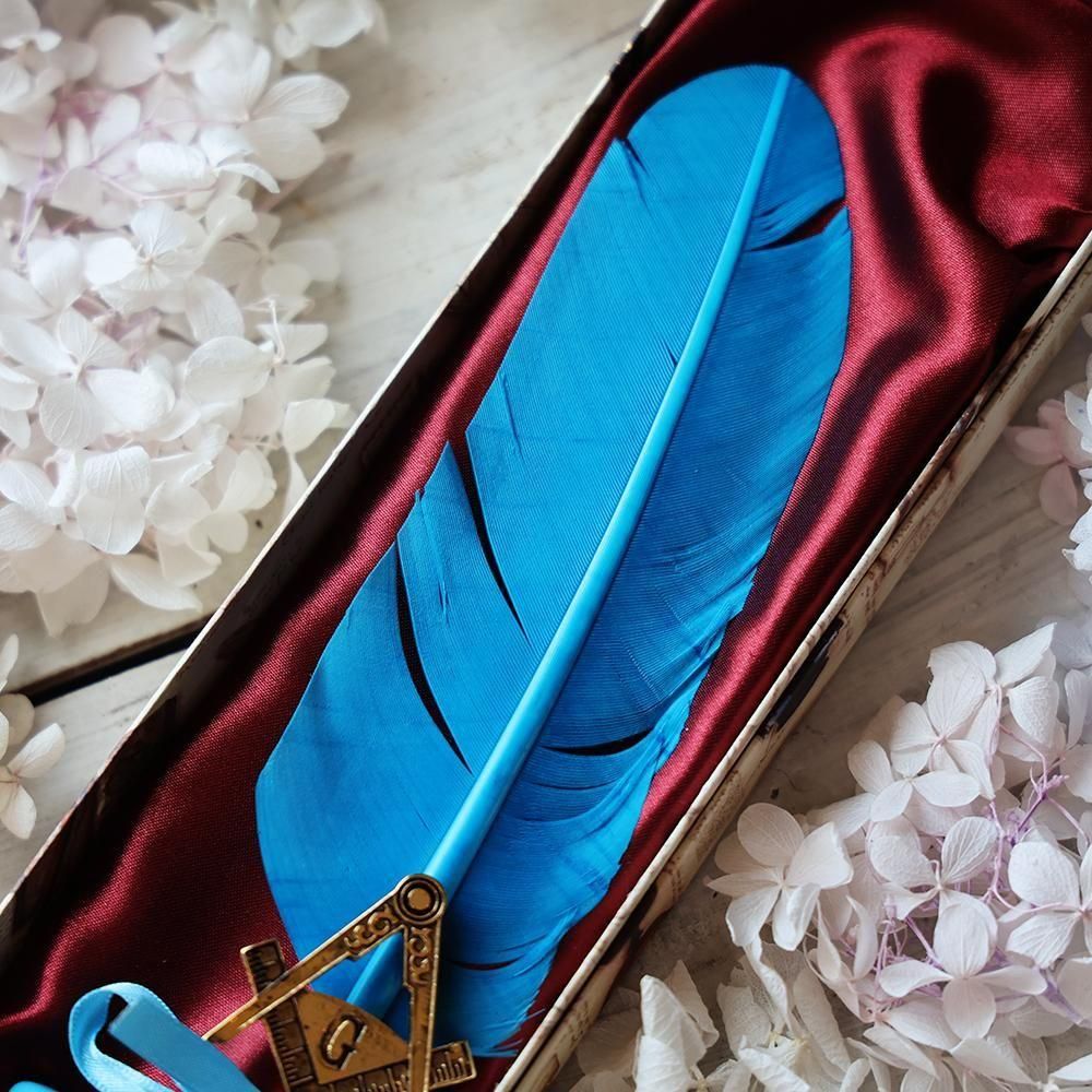 羽根ペン・インクセット・ターコイズ（金・フリーメイソン）- 海福雑貨