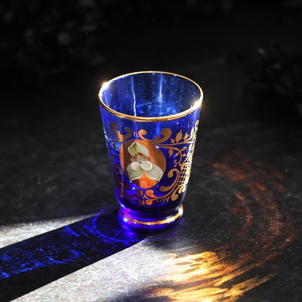 イタリア製金彩青色リキュールグラス - 海福雑貨通販部