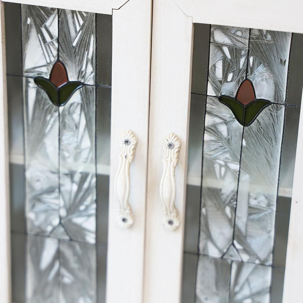 ステンドグラス風装飾の白色キャビネット（備考有）- 海福雑貨通販部