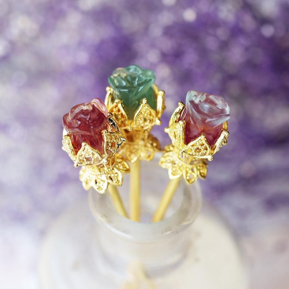 LEMONAレモナ ヴィンテージブローチ 花フラワー 薔薇 クリップ ゴールド③ 薔薇フローライトの簪3本セット - 海福雑貨通販部