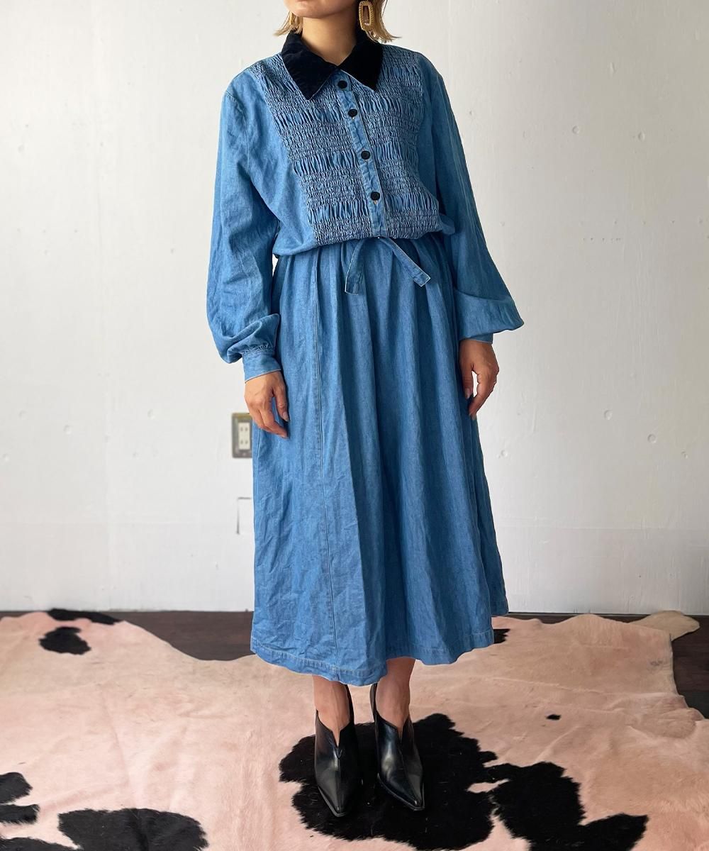 P-11Velvet Collar Denim One Piece/Made in SriLanka