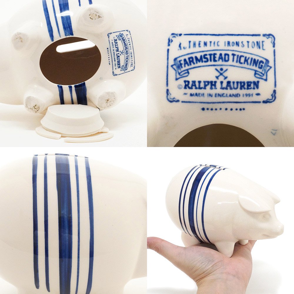 Ralph Lauren/ラルフローレン・Farmstead Ticking/ファームステッド・ティキング・IRONSTONE・Piggy  Bank/ピギーバンク・陶器製貯金箱・フタダメージ有・91年 - KNot a TOY/ノットアトイ