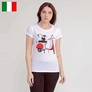 イタリア直輸入　Tシャツ　白　ラインストーン＆メタル付き猫プリント　直輸入価格　日本未発売　送料無料の商品画像