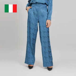 イタリア直輸入！MADE IN ITALYの千鳥格子柄サテンパンツ【ダックブルー】大人の女性に贈る魅力的な一着！洗練されたデザイン、スタイリッシュな印象。日本未発売・送料無料でお届け！の商品画像