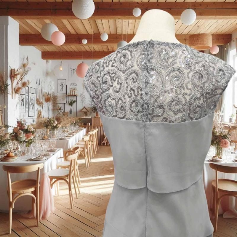 エレガントなグレー刺繍パーティードレス エレガントなグレー刺繍パーティードレス