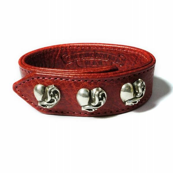 クロムハーツ 3ボタン2スナップ レッド レザーブレスレット ハート モチーフ / CHROME HEARTS Bracelet