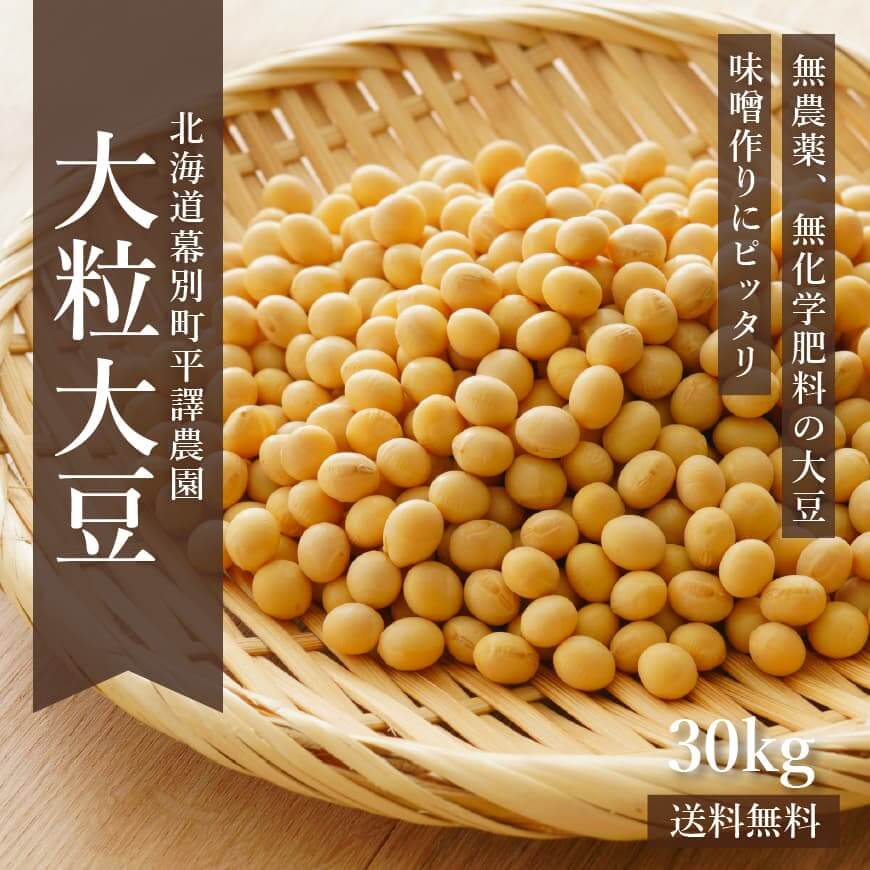 北海道産無農薬「大粒大豆」 30kg｜平譯農園-2021年秋収穫【送料