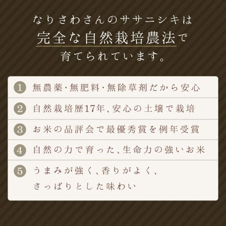 ササニシキ玄米10kg（なりさわ生命食産-宮城県産）無農薬・無肥料栽培【2022年度産新米】