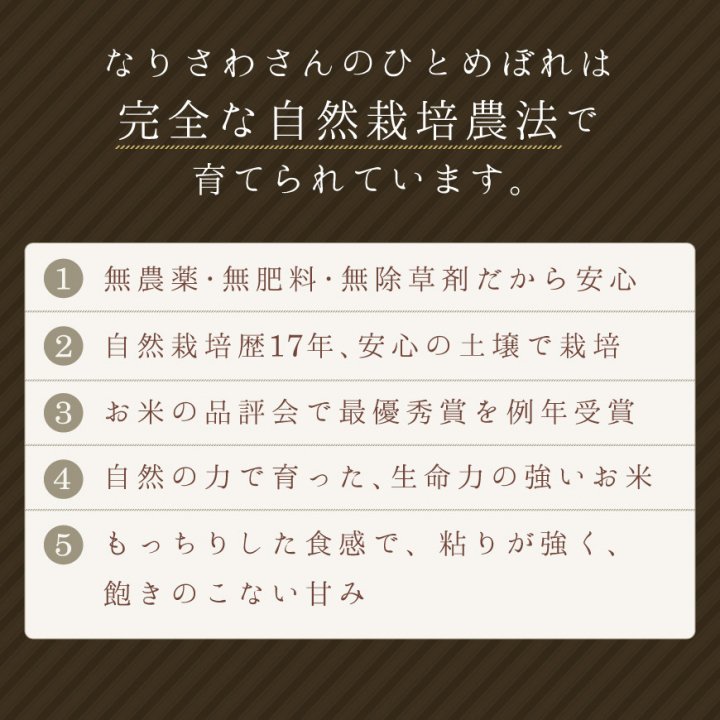 ひとめぼれ玄米30kg（なりさわ生命食産-宮城県産）無農薬・無肥料栽培【2023年度産新米】