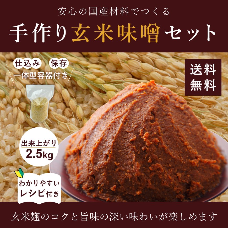 手作り玄米味噌セット-2.5kg分（北海道産大豆、有機玄米麹、塩、仕込み袋）【送料無料】　かわしま屋
