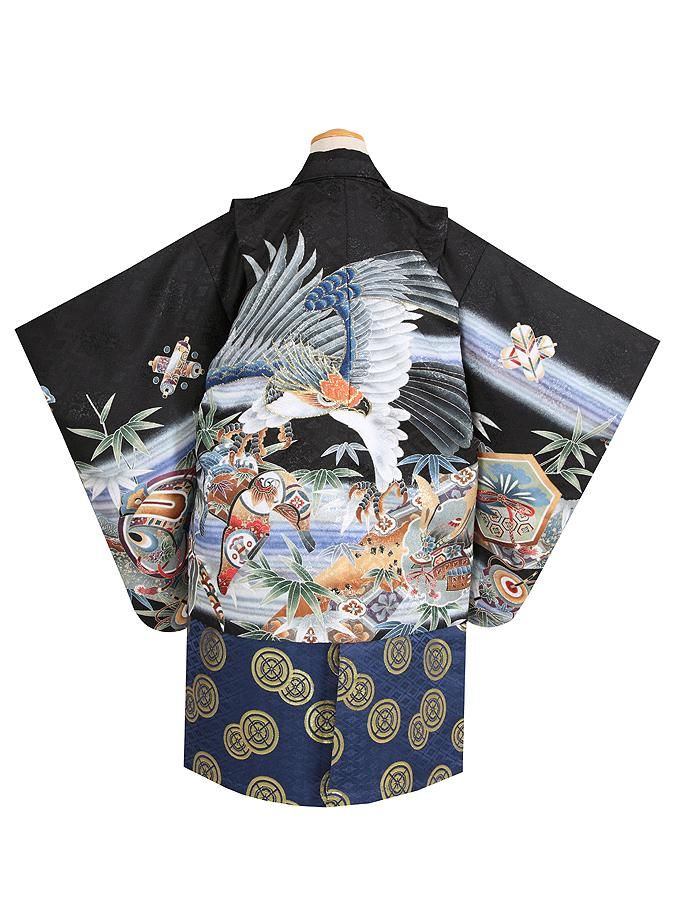 七五三 五歳 男児 羽織袴フルセット 金刺繍 黒地 鷹 袴変更可