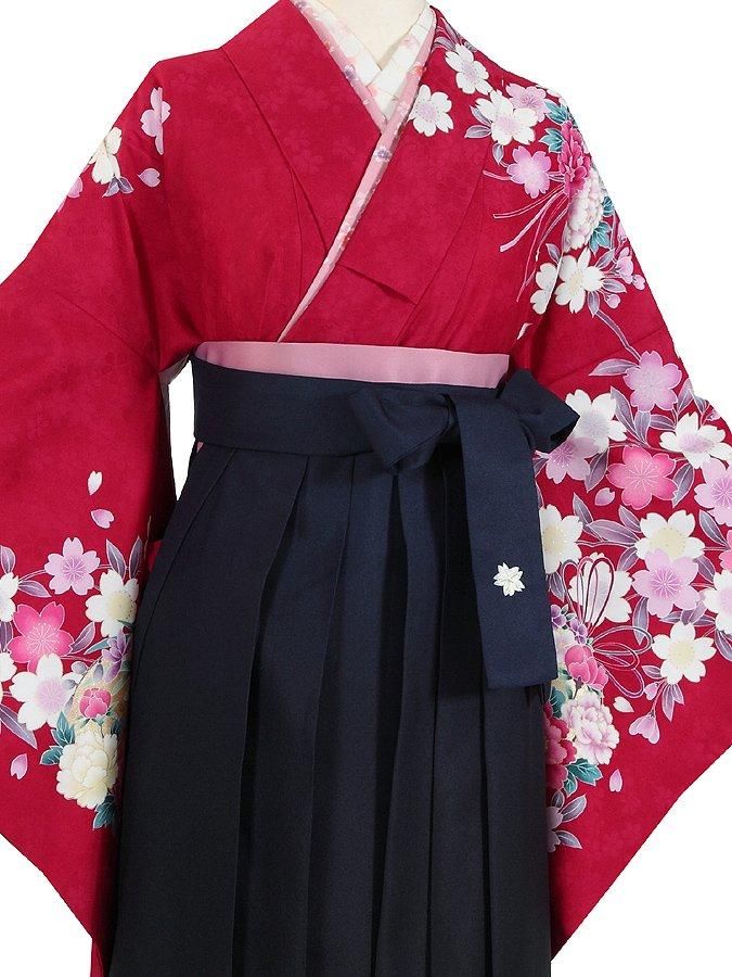 着物、袴セット 卒業式 袴セット 赤 桜花藤牡丹(絹)(宅) レンタル 大学生 振袖袴