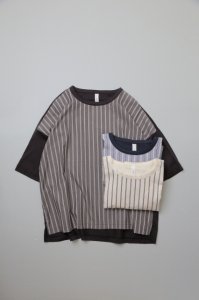 prit - 60/1シルケット天竺×80/2サテンストライプ切替5分袖Tシャツ（3color）
