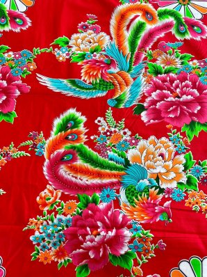 花と鳳凰赤 - 布 - チャイナでレトロな中国・アジアの雑貨がいっぱいのネットショップ「Chai-tro（チャイトロ）」