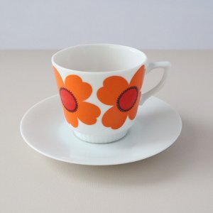 スウェーデン製 コーヒーカップ&ソーサー(1950's)花×オレンジ