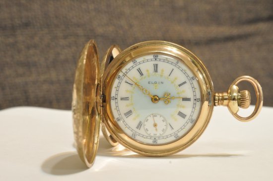 2657]【国内OH済】Elgin エルジン 豪華薄青ファンシー ハンターケース