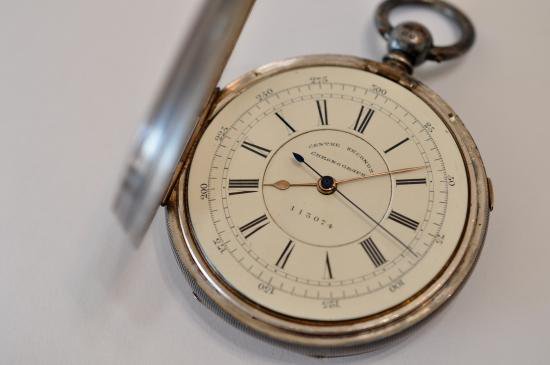 イギリス製 銀無垢 センターセコンド クロノグラフ 鍵巻き - 懐中時計 