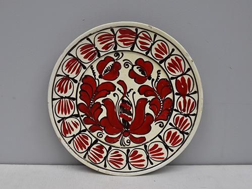 緑園｜東欧食器 ルーマニア ハンドペイント赤花プレートA