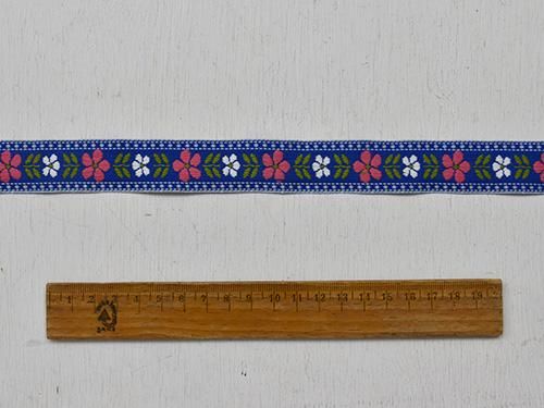 緑園｜東欧手芸雑貨 白・ピンク花刺繍テープ（青地/2.5cm幅）