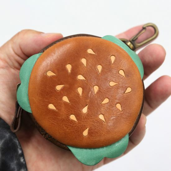 手のひらサイズのハンバーガーポーチ 牛革 手縫い ハンバーガー 丸型ミニポーチ - gonzi