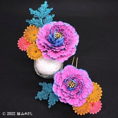 猫山めざしつまみ細工成人式着物ヘアアクセサリーハンドメイド作品