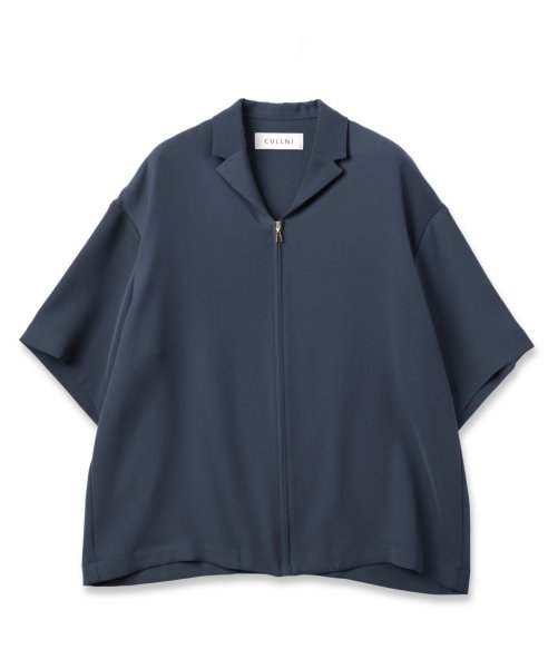 CULLNI [クルニ] Double Satin Mini Tailored Zip Short Sleeve Shirt＜ ジップフロントオープンカラーシャツ＞ 24-SS-035 NAVY BLUE