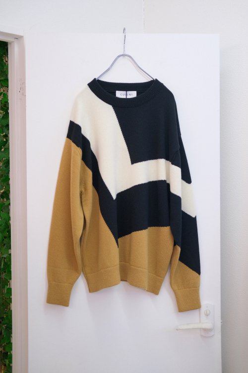 CULLNI [クルニ] Diagonal Line Multi Color Pullover Knit＜スーパーファインウールストールレイヤードニット＞  24-AW-043 2024秋冬 BLACK WHITExCAMEL