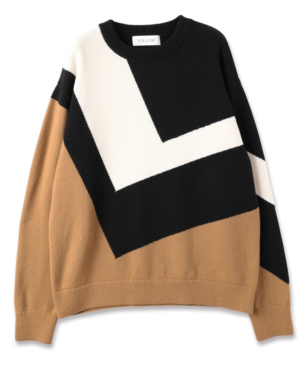 CULLNI [クルニ] Diagonal Line Multi Color Pullover Knit＜スーパーファインウールストールレイヤードニット＞  24-AW-043 2024秋冬 BLACK WHITExCAMEL