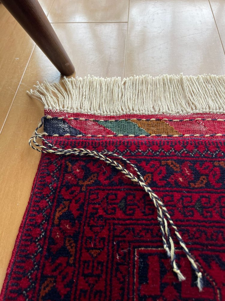 74×58cm【アフガン手織りカールモハメディ】ペルシャ絨毯 トライブルラグベージュ系
