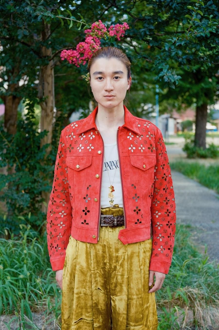 MASU（エムエーエスユー）のFLOWER-CUT LEATHER TRUCKER JACKET REDの ...