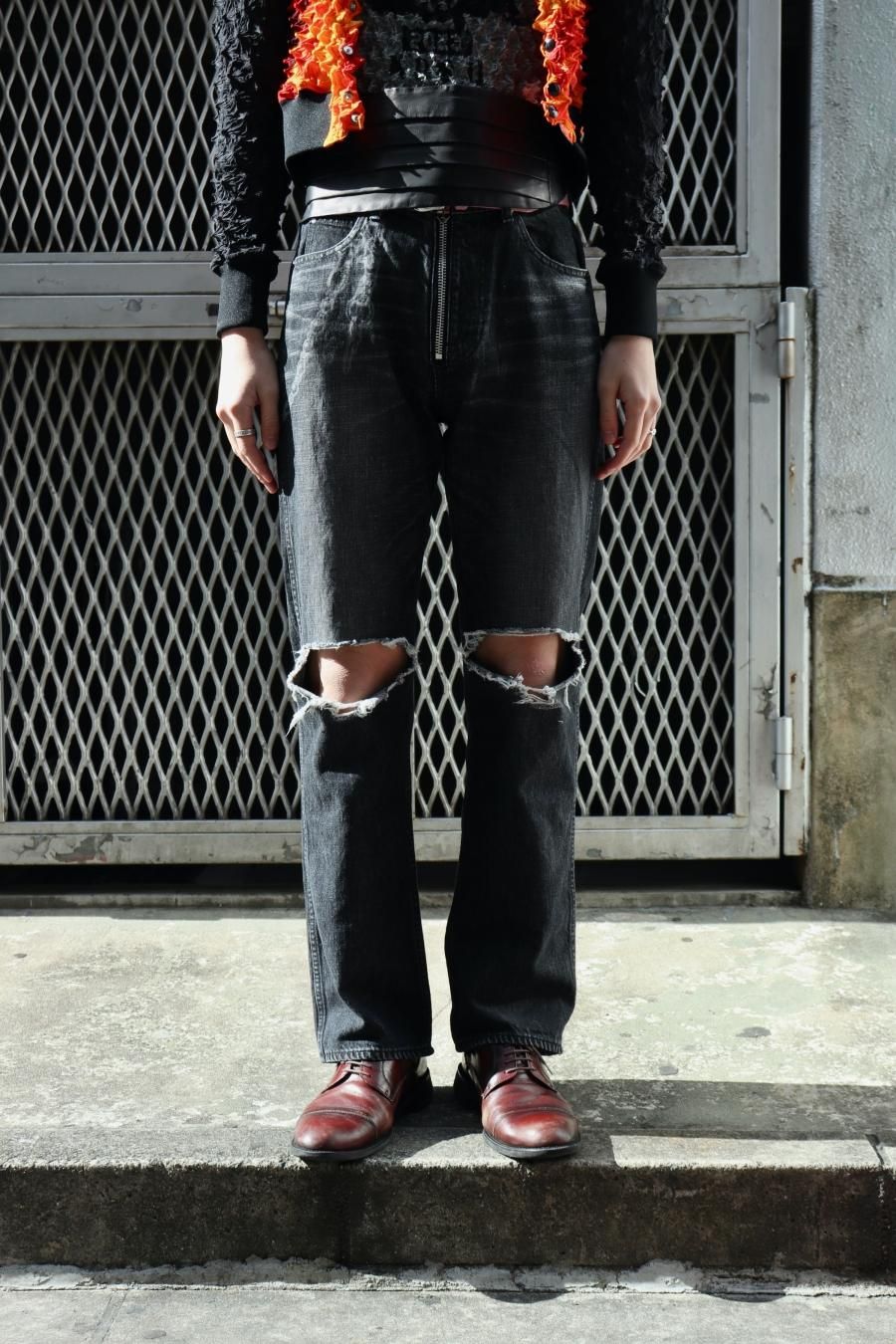 股上レギュラーMASU 23ss DAMAGED FLARE FIT JEANS(BLACK)