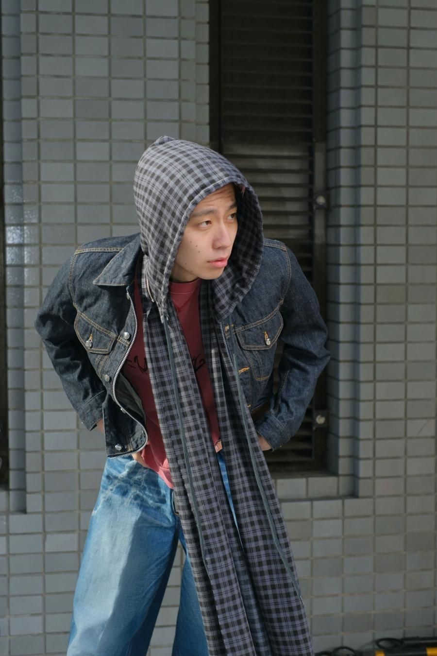 MASU PLAID HOOD SCARF (black )フード部分約31cm約27cm