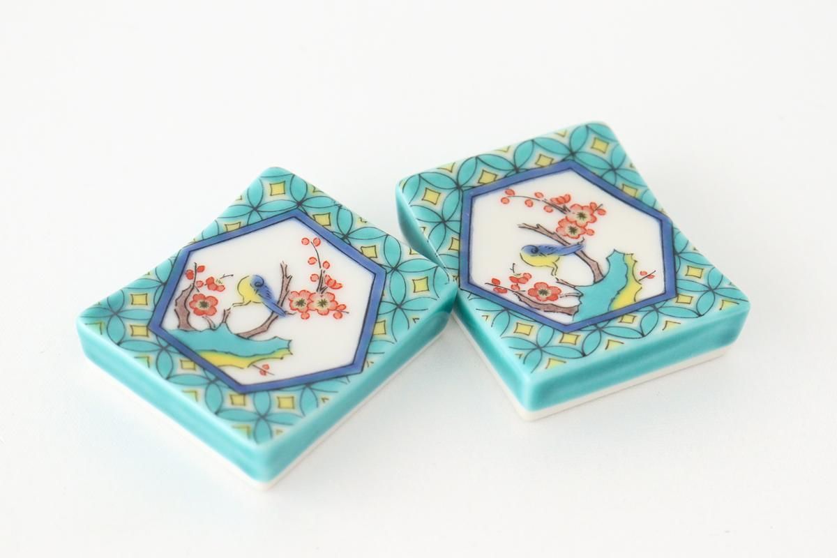 中村かりん 陶器 花と鳥模様 平皿と蓋物、箸置きセット 中村かりん 陶器 花