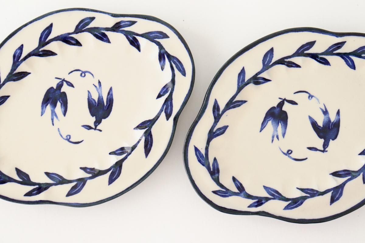 粉引絵付け皿｜四ツ花型｜鳥2羽｜陶器｜なかがきともこ｜和食器
