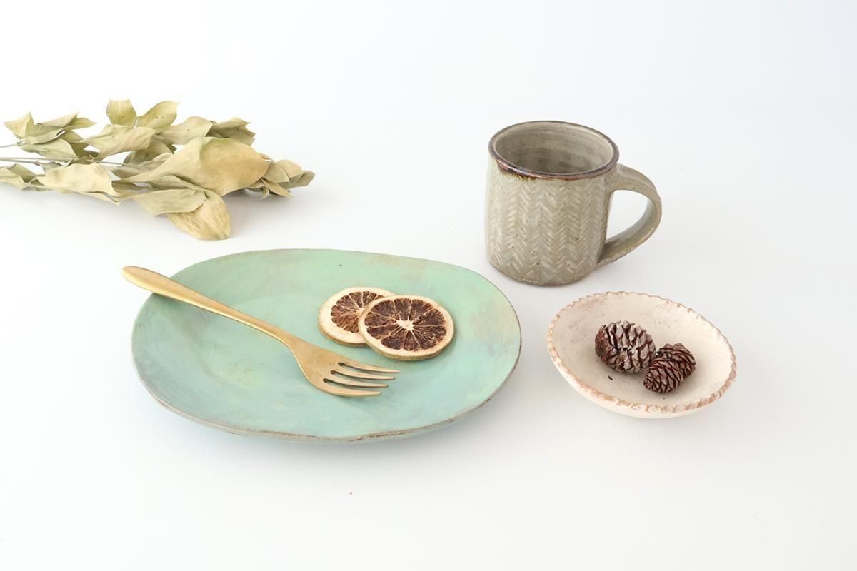 楕円形陶器皿 淡い深緑とブラウン いろうつわ｜だえん皿｜緑｜陶器｜岡健二 ときわ製作所｜和食器