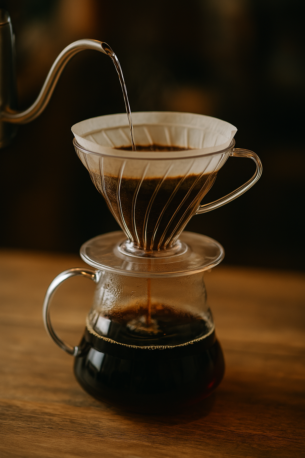 HARIO V60で丁寧に抽出する様子。細口ポットから細く注がれる湯が、ペーパーフィルター内のコーヒー粉にゆっくりと広がっています。