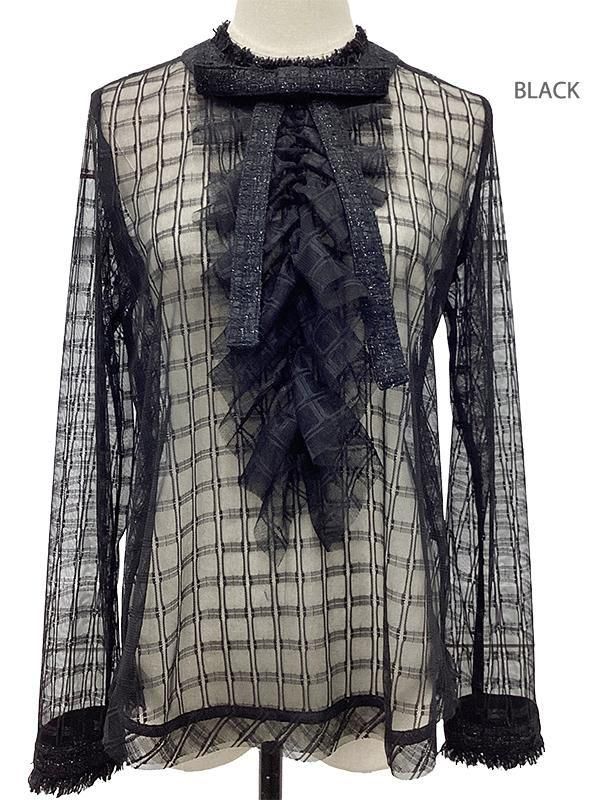 Adonisis】250302_ツィードリボンチェックチュールブラウス