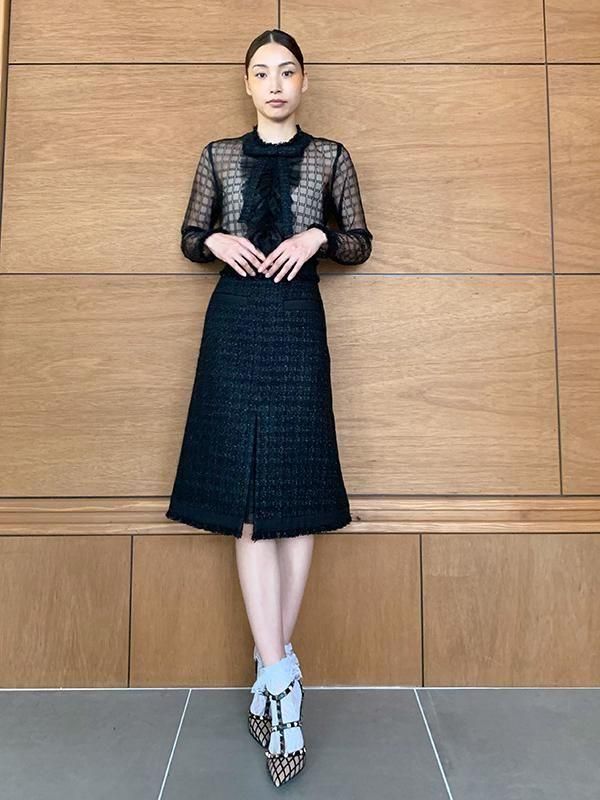 Adonisis】250302_ツィードリボンチェックチュールブラウス