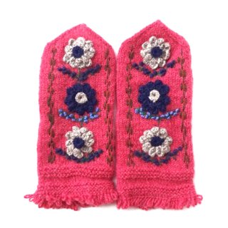 mt135 リトアニア 花刺繍の手編みミトン 幅10.5cm×長さ25cm コーラルピンクベース グレーと紺のお花