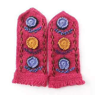 mt137 リトアニア 花刺繍の手編みミトン 幅10cm×長さ25cm コーラルピンクベース 水色と黄色のお花
