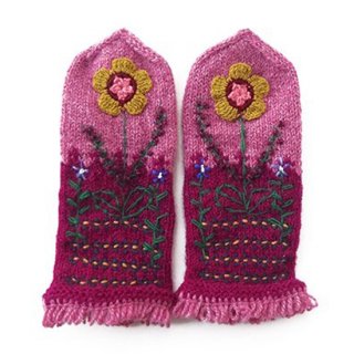 mt144 リトアニア 花刺繍の手編みミトン 幅10cm×長さ25cm ラベンダーピンク＆パープルベース