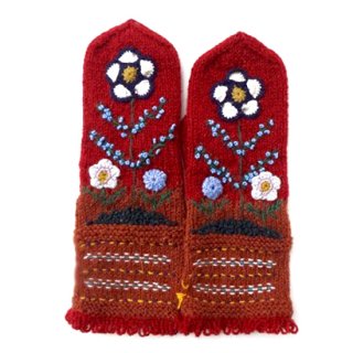 mt100 リトアニア 花刺繍の手編みミトン 幅10cm×長さ33cm エンジ＆キャラメル色ベース
