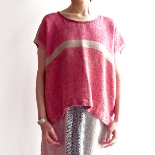 nyc023 手織りリネントップス コーラルピンク系のパッと目を引く明るい色合い