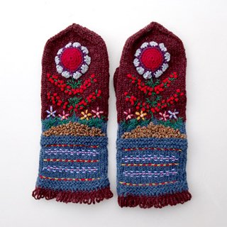 mt216 リトアニア 花刺繍の手編みミトン 幅11cm×長さ29cm 茶色と青のツートーンベース