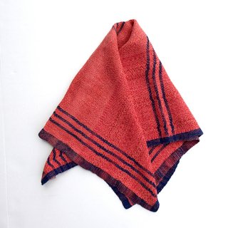 ny050 リトアニアの手織りリネンスカーフ オレンジの色合いにネイビーのライン