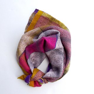 ny053 リトアニアの手織りリネンスカーフ むらさき、ピンク、黄色の色合い