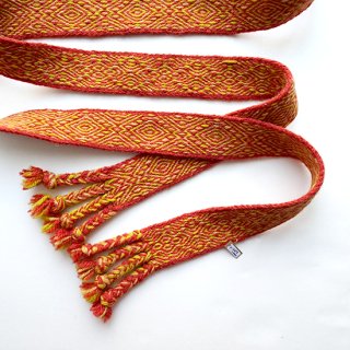 juo001 リトアニア 手織りベルト イエローとオレンジ 伝統的な柄が織り込まれたウールの太ベルト